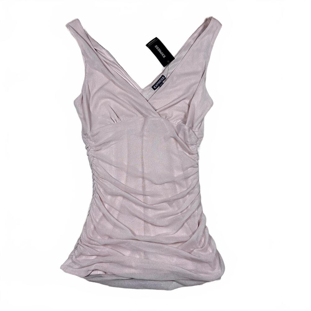 Express Women's Tank Top Baby Pink Glitter Ruched Y2K